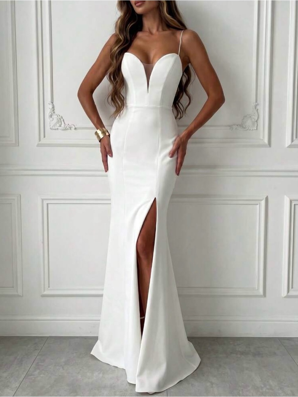 Elegant White Spaghetti-Strap Evening Gown with Front Slit, mermaid style